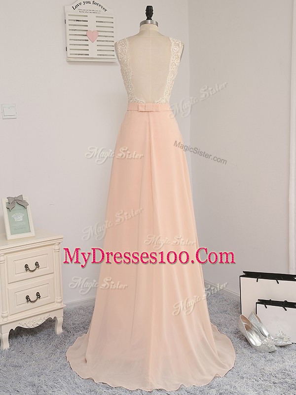 Chiffon Bateau Sleeveless Backless Lace Court Dresses for Sweet 16 in Peach