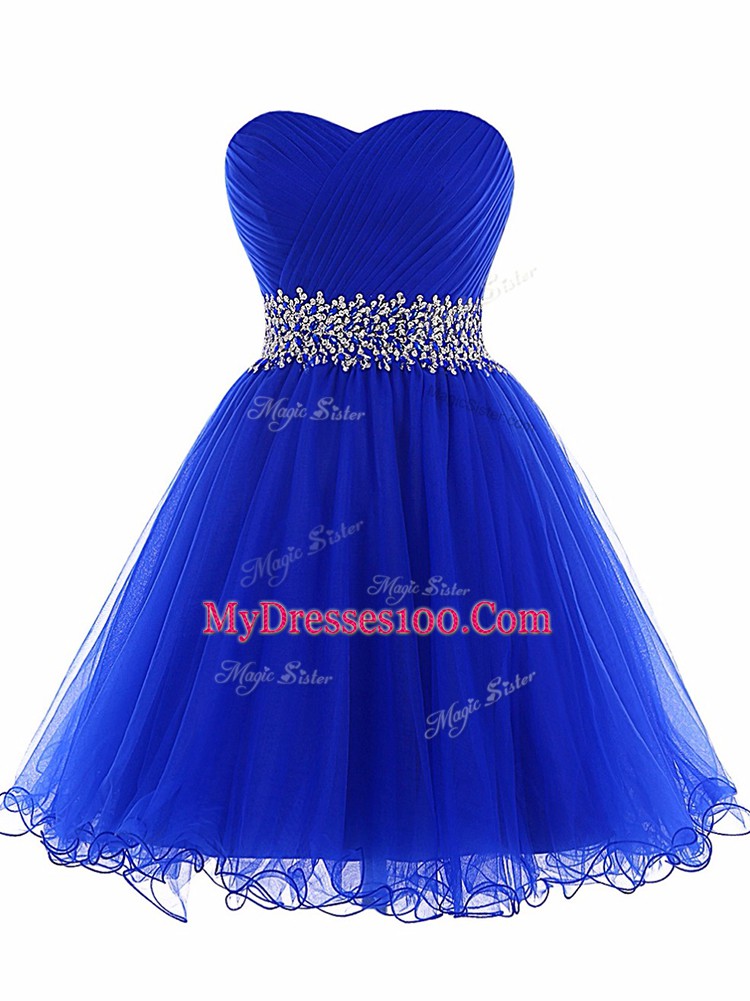 Royal Blue A-line Beading and Ruffles Club Wear Lace Up Tulle Sleeveless Mini Length
