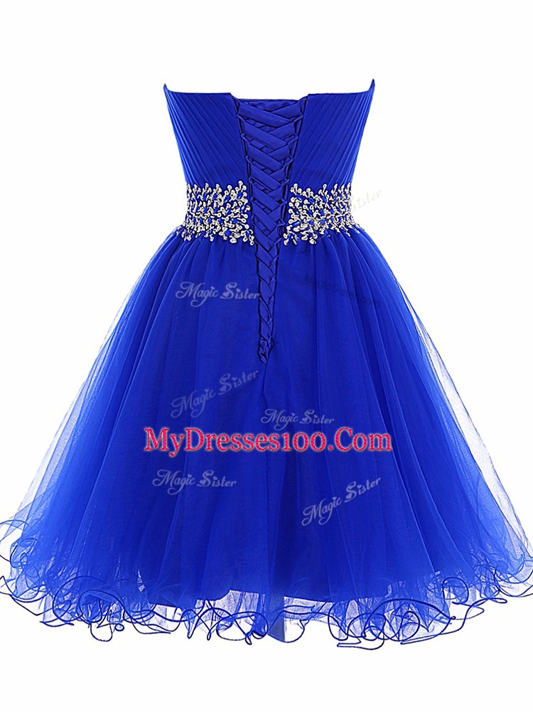Royal Blue A-line Beading and Ruffles Club Wear Lace Up Tulle Sleeveless Mini Length