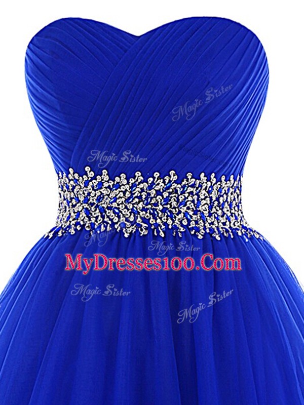 Royal Blue A-line Beading and Ruffles Club Wear Lace Up Tulle Sleeveless Mini Length