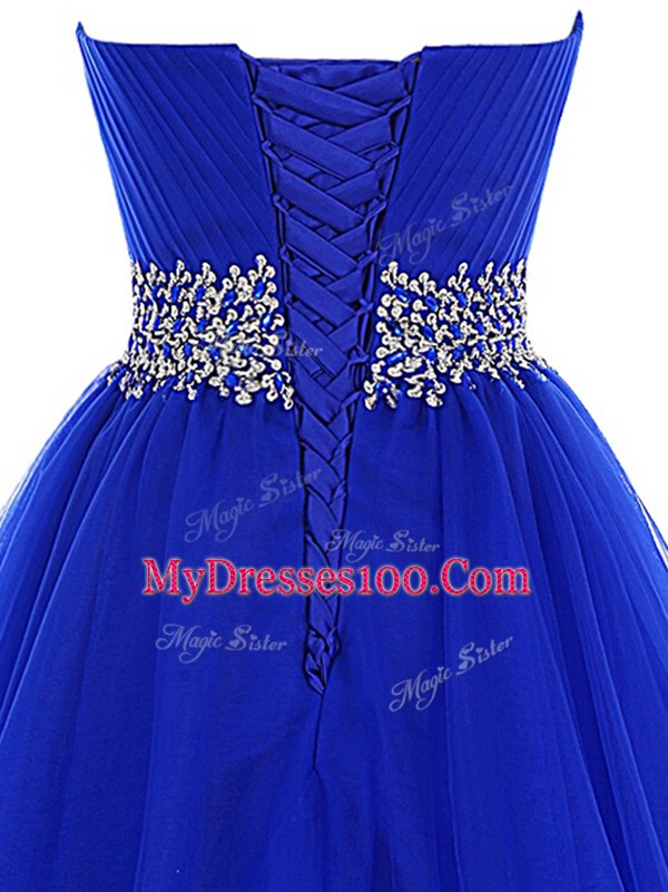 Royal Blue A-line Beading and Ruffles Club Wear Lace Up Tulle Sleeveless Mini Length