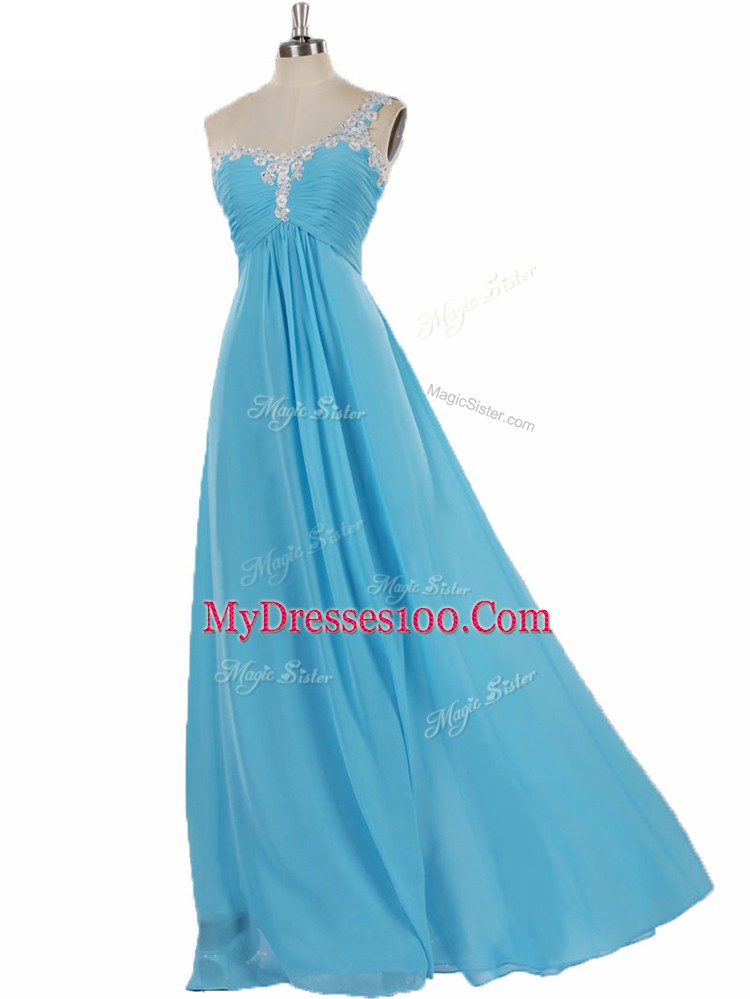 Pretty Sleeveless Floor Length Appliques Zipper Court Dresses for Sweet 16 with Aqua Blue