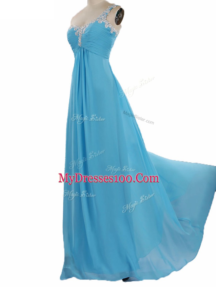 Pretty Sleeveless Floor Length Appliques Zipper Court Dresses for Sweet 16 with Aqua Blue