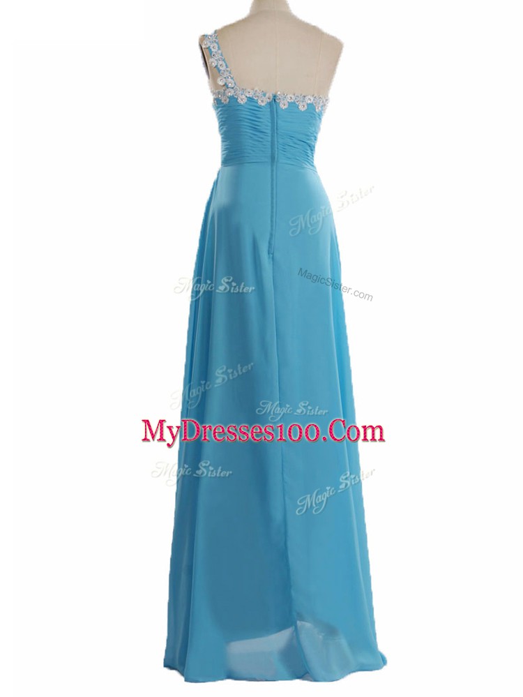 Pretty Sleeveless Floor Length Appliques Zipper Court Dresses for Sweet 16 with Aqua Blue
