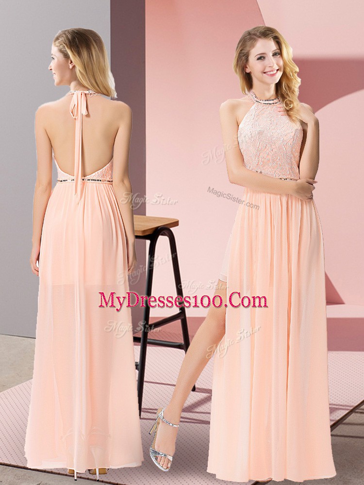 Peach Sleeveless Chiffon Backless Prom Evening Gown for Prom and Party
