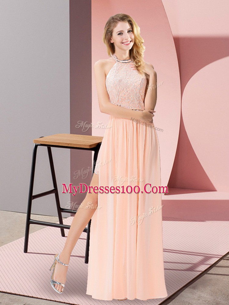 Peach Sleeveless Chiffon Backless Prom Evening Gown for Prom and Party