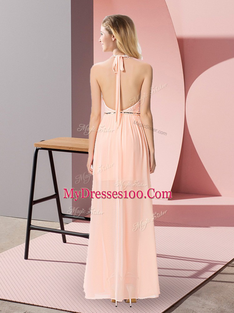 Peach Sleeveless Chiffon Backless Prom Evening Gown for Prom and Party