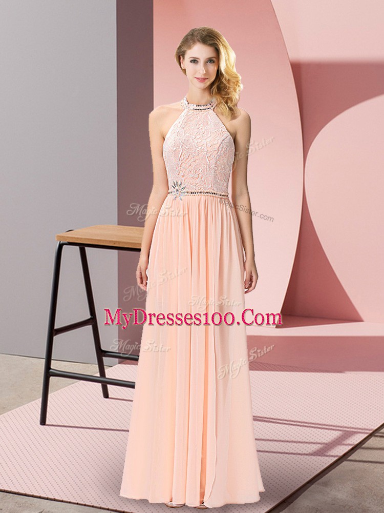 Peach Sleeveless Chiffon Backless Prom Evening Gown for Prom and Party
