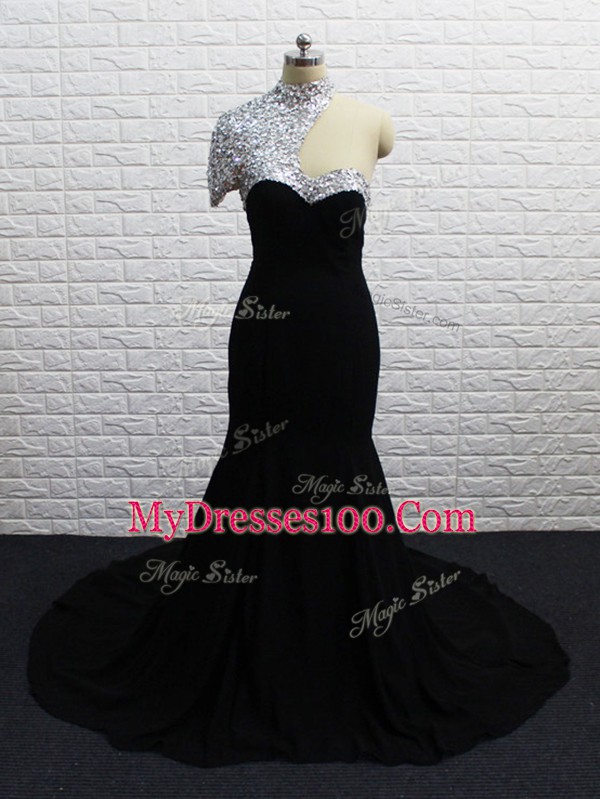 Customized Black Dress for Prom Chiffon Brush Train Short Sleeves Beading