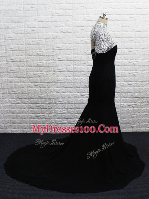 Customized Black Dress for Prom Chiffon Brush Train Short Sleeves Beading