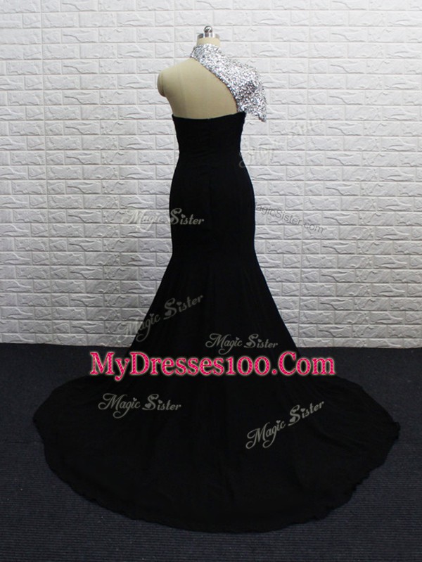 Customized Black Dress for Prom Chiffon Brush Train Short Sleeves Beading