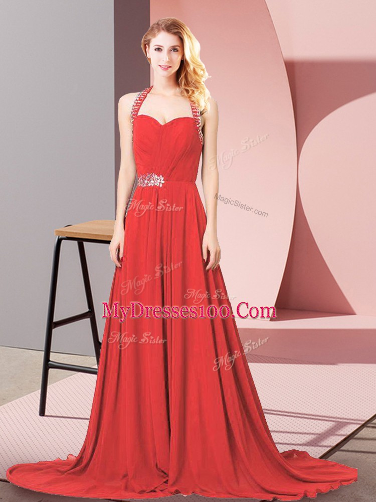 Red Halter Top Zipper Beading and Ruching Homecoming Party Dress Brush Train Sleeveless