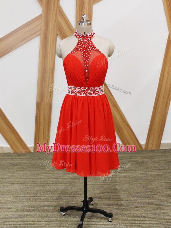 Coral Red Zipper Halter Top Beading and Ruching Prom Evening Gown Chiffon Sleeveless