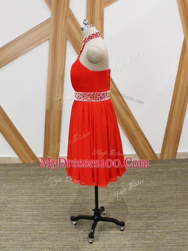 Coral Red Zipper Halter Top Beading and Ruching Prom Evening Gown Chiffon Sleeveless