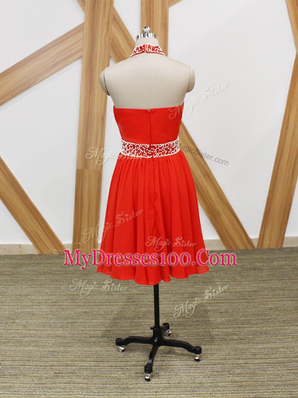 Coral Red Zipper Halter Top Beading and Ruching Prom Evening Gown Chiffon Sleeveless