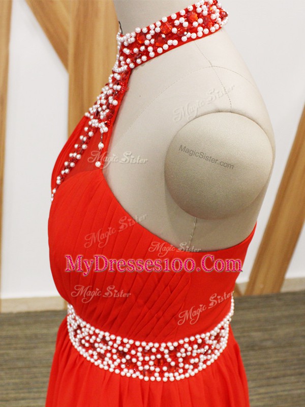 Coral Red Zipper Halter Top Beading and Ruching Prom Evening Gown Chiffon Sleeveless
