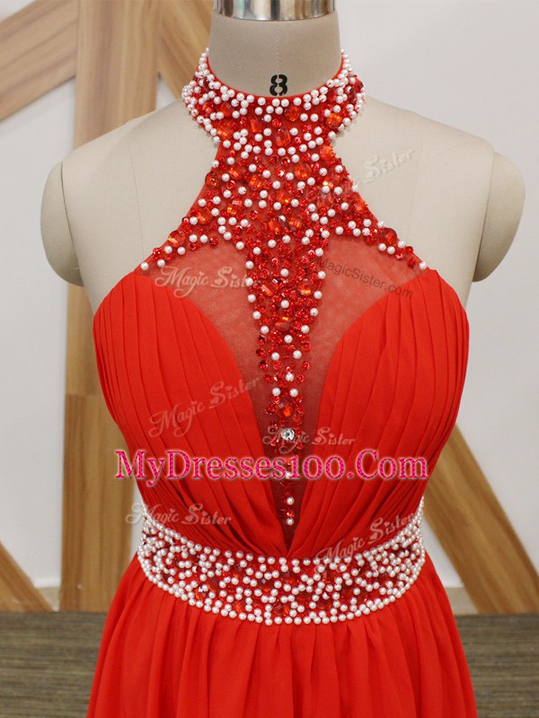 Coral Red Zipper Halter Top Beading and Ruching Prom Evening Gown Chiffon Sleeveless