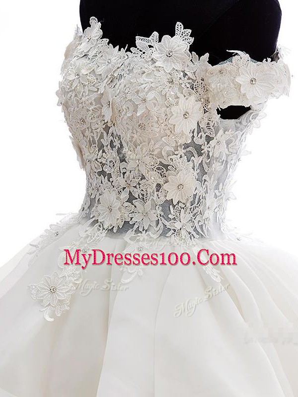 Affordable Strapless Sleeveless Homecoming Dress Knee Length Beading and Lace and Embroidery and Ruffles White Tulle