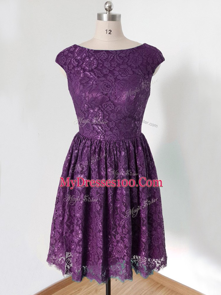 Lace Dama Dress for Quinceanera Dark Purple Lace Up Sleeveless Knee Length
