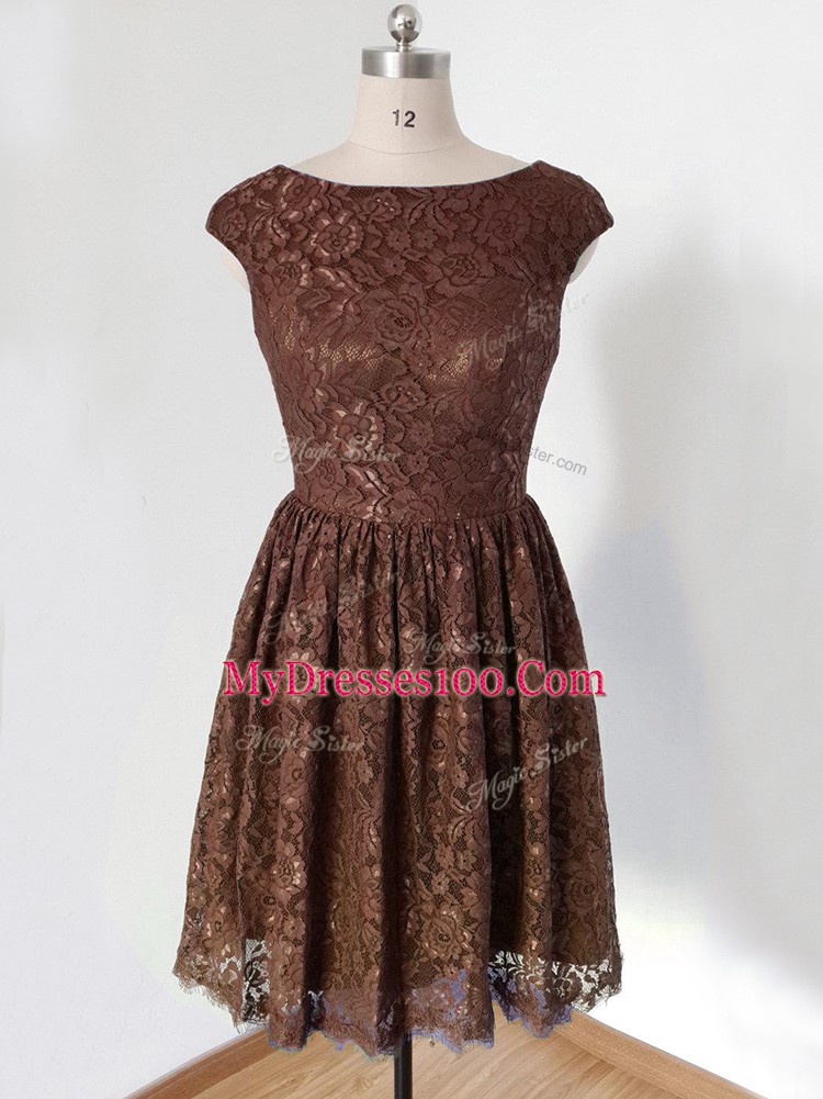 Artistic Cap Sleeves Knee Length Lace Lace Up Wedding Guest Dresses with Brown