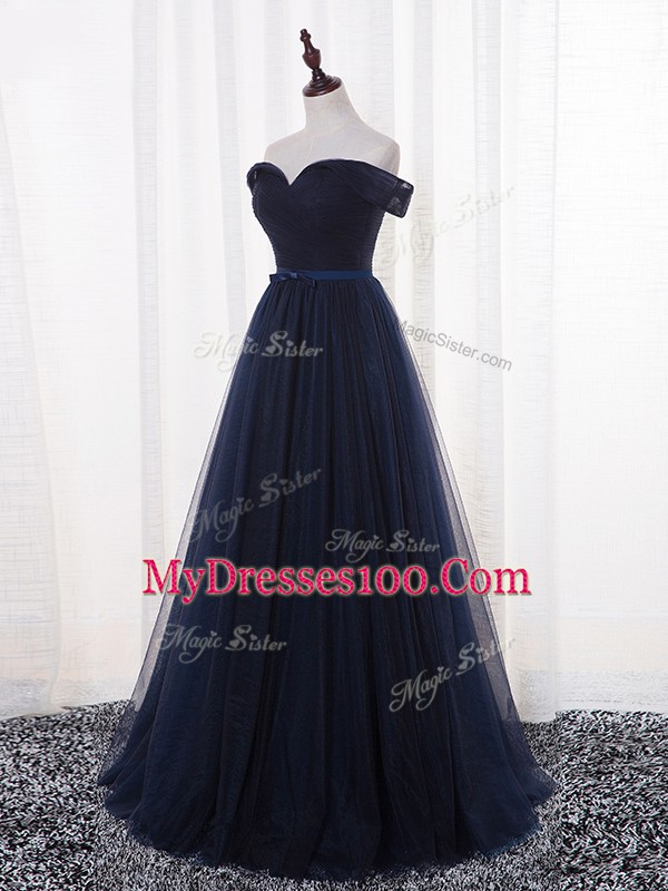 New Arrival Navy Blue Quinceanera Dama Dress Prom and Party and Wedding Party with Belt Off The Shoulder Sleeveless Lace Up
