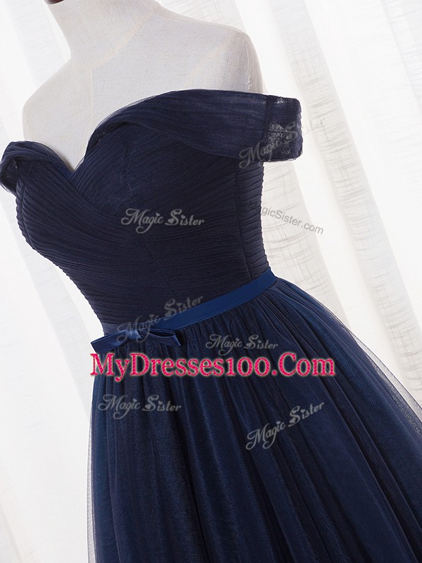 New Arrival Navy Blue Quinceanera Dama Dress Prom and Party and Wedding Party with Belt Off The Shoulder Sleeveless Lace Up