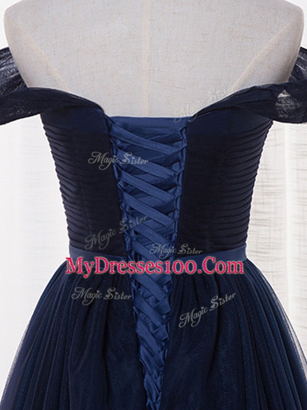 New Arrival Navy Blue Quinceanera Dama Dress Prom and Party and Wedding Party with Belt Off The Shoulder Sleeveless Lace Up