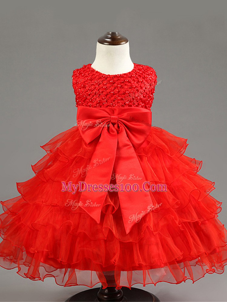 Red Organza Zipper Scoop Sleeveless Knee Length Kids Pageant Dress Ruffled Layers and Bowknot