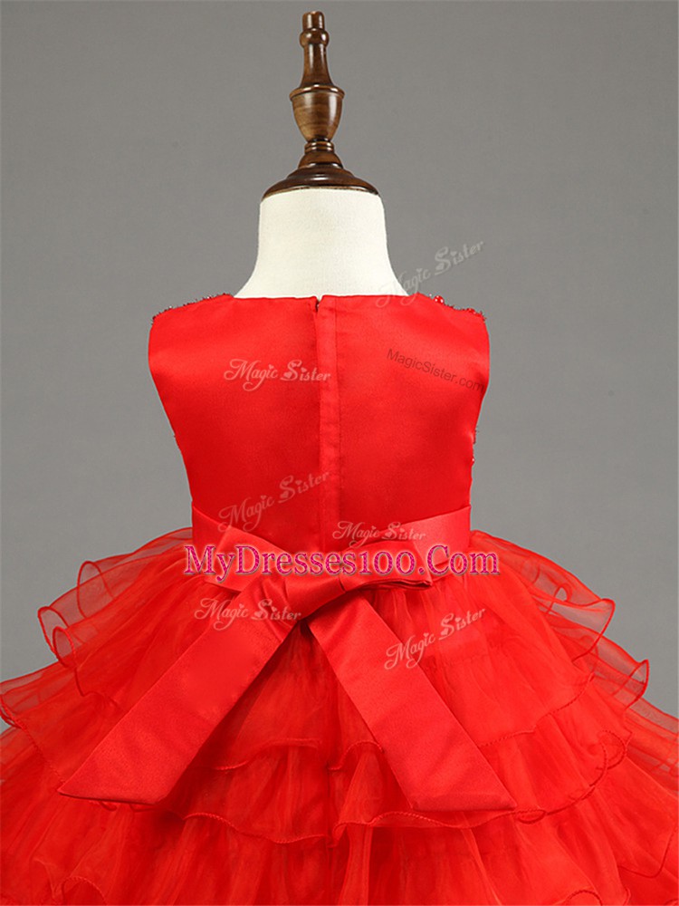 Red Organza Zipper Scoop Sleeveless Knee Length Kids Pageant Dress Ruffled Layers and Bowknot