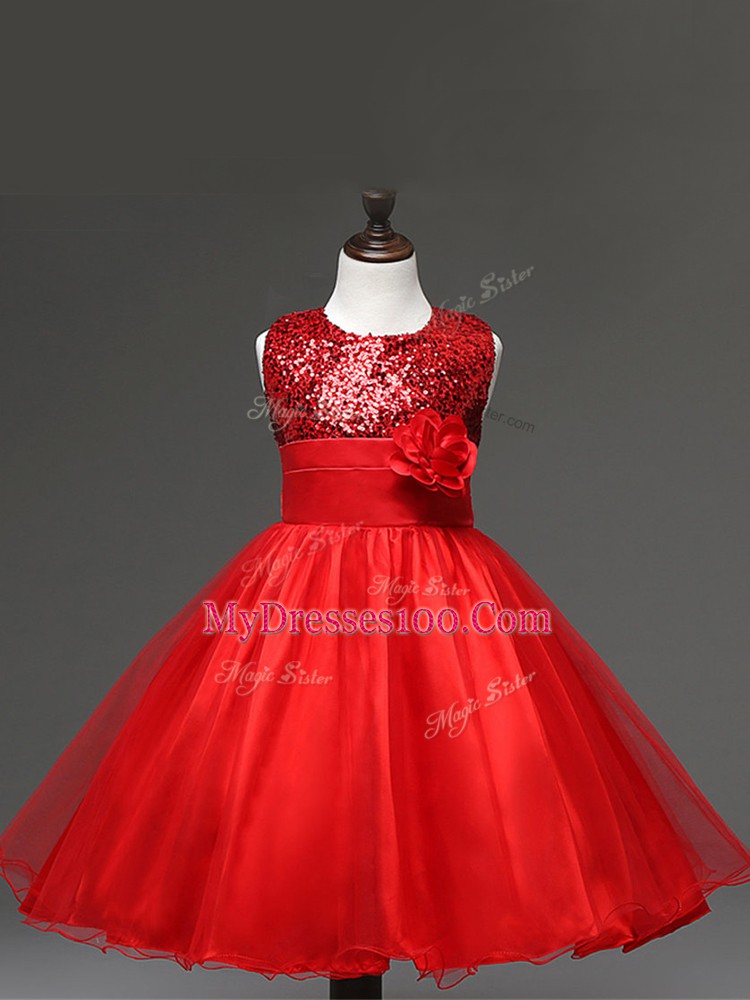 Red Sleeveless Knee Length Sequins and Hand Made Flower Zipper Little Girl Pageant Gowns