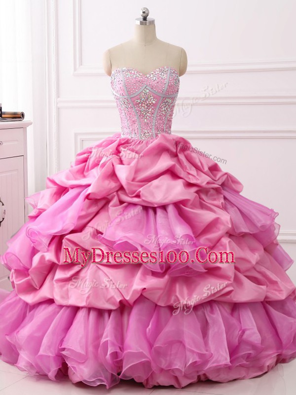 Organza and Taffeta Sweetheart Sleeveless Lace Up Beading and Ruffles and Pick Ups Quinceanera Gowns in Rose Pink