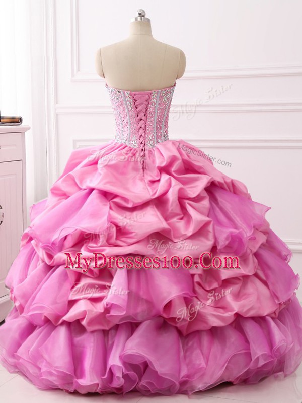 Organza and Taffeta Sweetheart Sleeveless Lace Up Beading and Ruffles and Pick Ups Quinceanera Gowns in Rose Pink