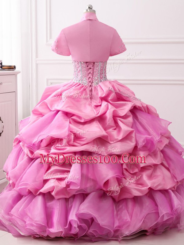 Organza and Taffeta Sweetheart Sleeveless Lace Up Beading and Ruffles and Pick Ups Quinceanera Gowns in Rose Pink