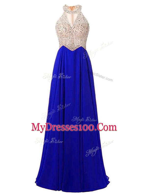 Royal Blue Chiffon Zipper High-neck Sleeveless Floor Length Prom Evening Gown Beading