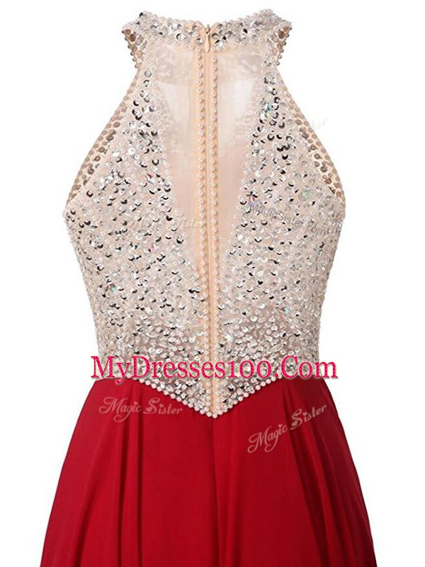 Royal Blue Chiffon Zipper High-neck Sleeveless Floor Length Prom Evening Gown Beading