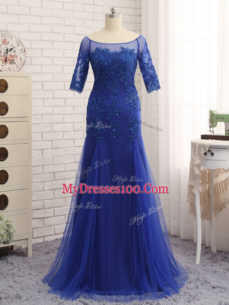 Designer Royal Blue Mother of Groom Dress Prom and Party and Military Ball with Lace and Appliques Scoop Half Sleeves Zipper