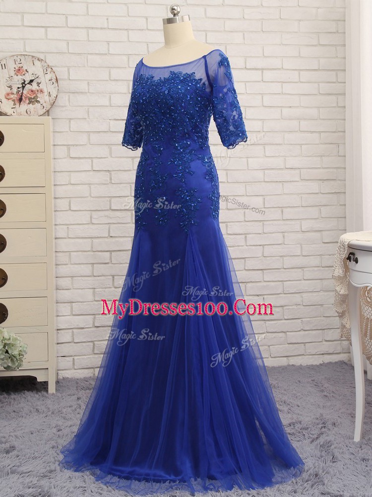 Designer Royal Blue Mother of Groom Dress Prom and Party and Military Ball with Lace and Appliques Scoop Half Sleeves Zipper