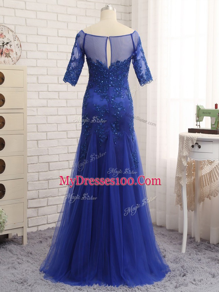 Designer Royal Blue Mother of Groom Dress Prom and Party and Military Ball with Lace and Appliques Scoop Half Sleeves Zipper