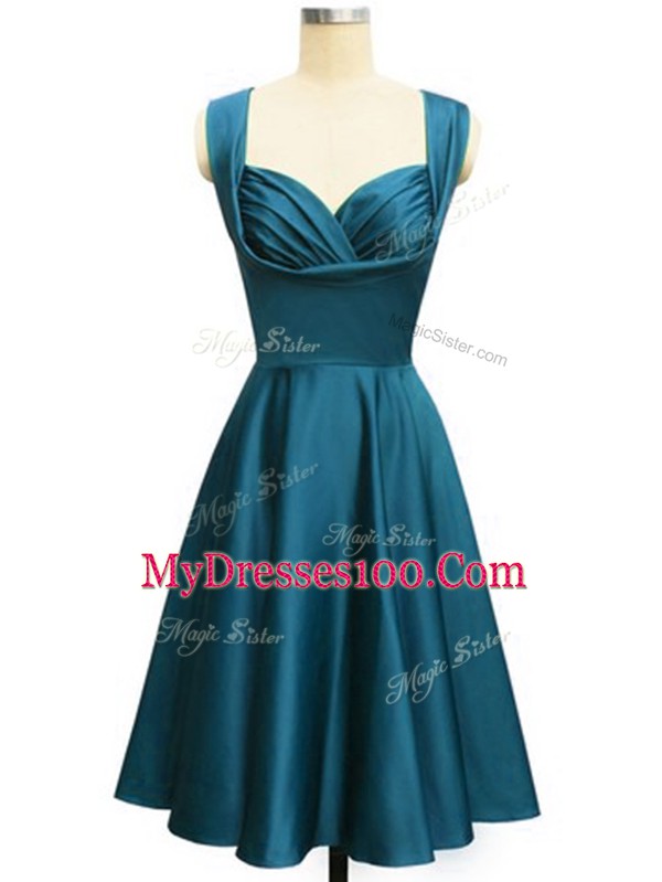 On Sale Teal Taffeta Lace Up Bridesmaid Dress Sleeveless Knee Length Ruching