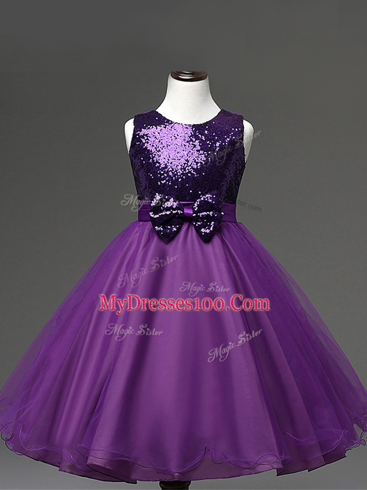 Purple Kids Formal Wear Wedding Party with Sequins and Bowknot Scoop Sleeveless Zipper