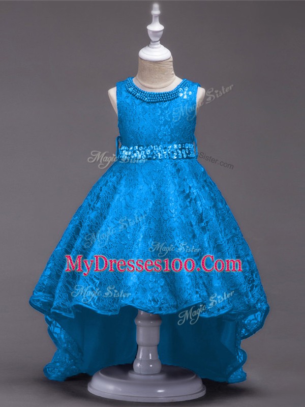 Beading Flower Girl Dresses Blue Lace Up Sleeveless High Low