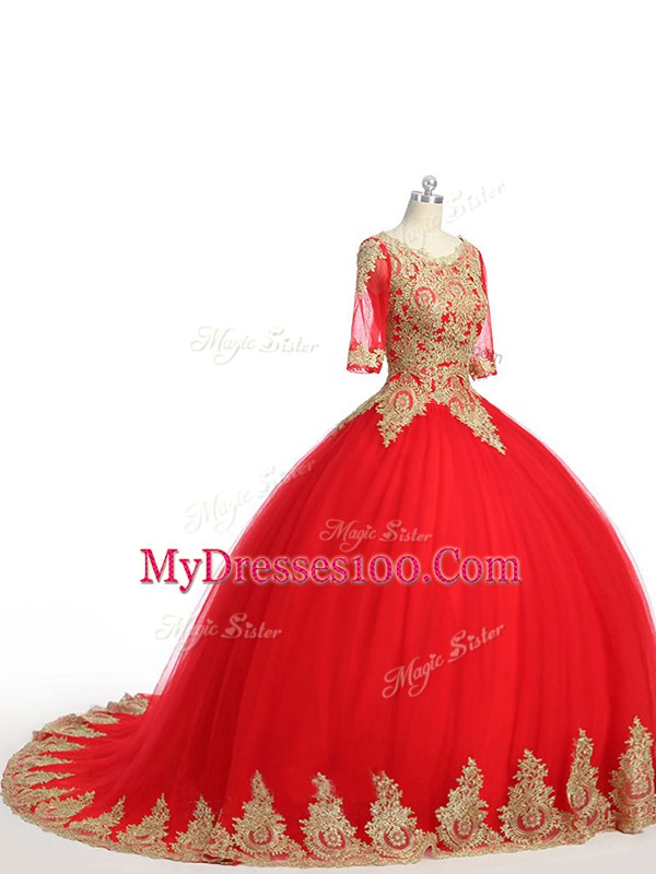 Popular Scoop Half Sleeves Tulle Sweet 16 Quinceanera Dress Lace and Appliques Brush Train Zipper