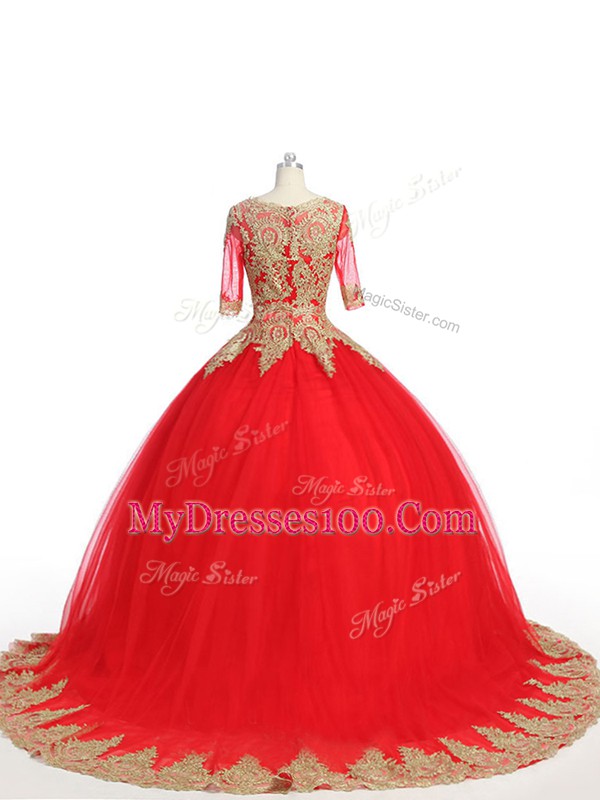 Popular Scoop Half Sleeves Tulle Sweet 16 Quinceanera Dress Lace and Appliques Brush Train Zipper