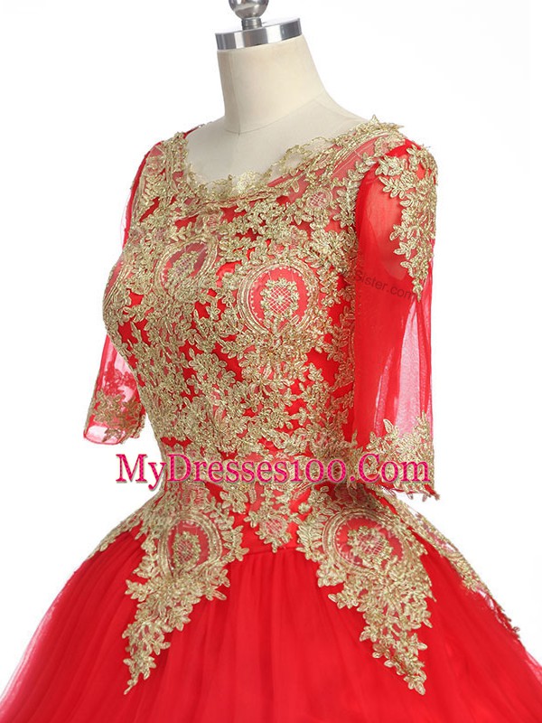 Popular Scoop Half Sleeves Tulle Sweet 16 Quinceanera Dress Lace and Appliques Brush Train Zipper