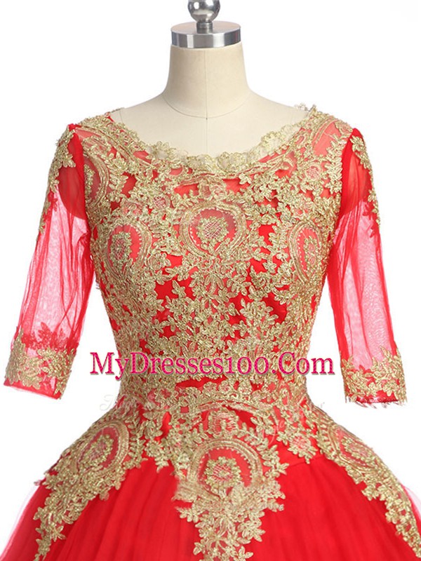 Popular Scoop Half Sleeves Tulle Sweet 16 Quinceanera Dress Lace and Appliques Brush Train Zipper