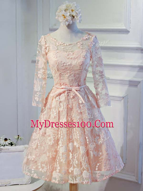On Sale Knee Length Lace Up Dress for Prom Peach for Prom and Party and Sweet 16 with Appliques