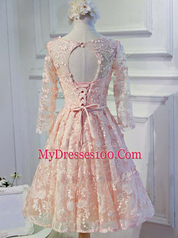 On Sale Knee Length Lace Up Dress for Prom Peach for Prom and Party and Sweet 16 with Appliques