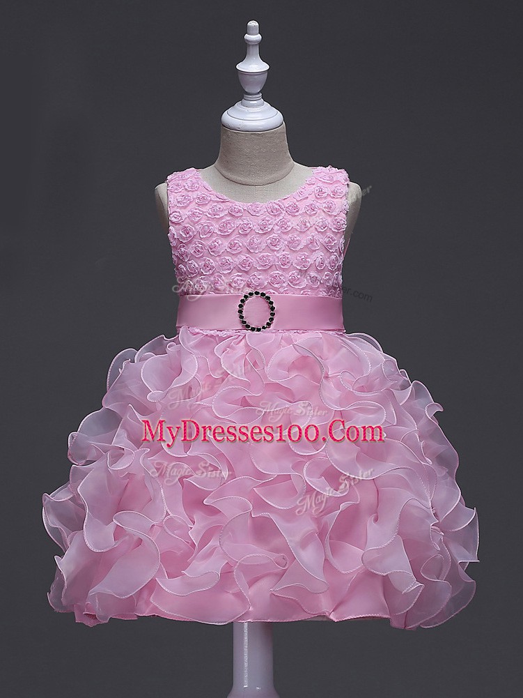 Sweet Rose Pink Sleeveless Organza Lace Up Little Girl Pageant Gowns for Wedding Party