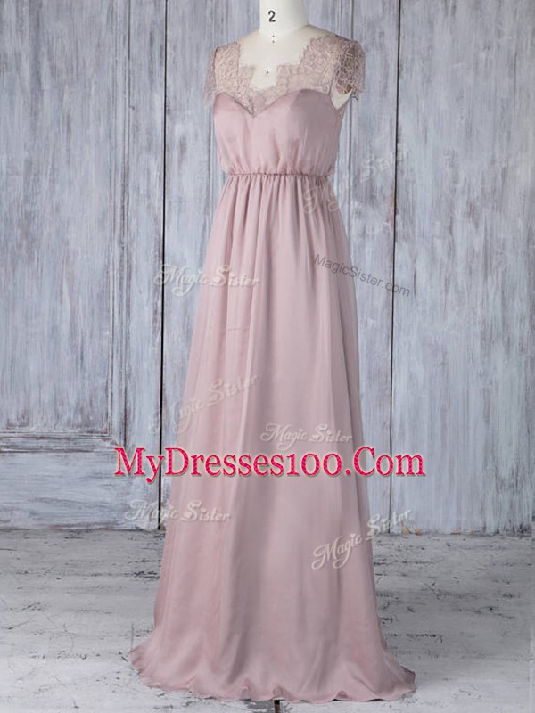 Custom Design Floor Length Pink Quinceanera Court of Honor Dress Chiffon Short Sleeves Lace