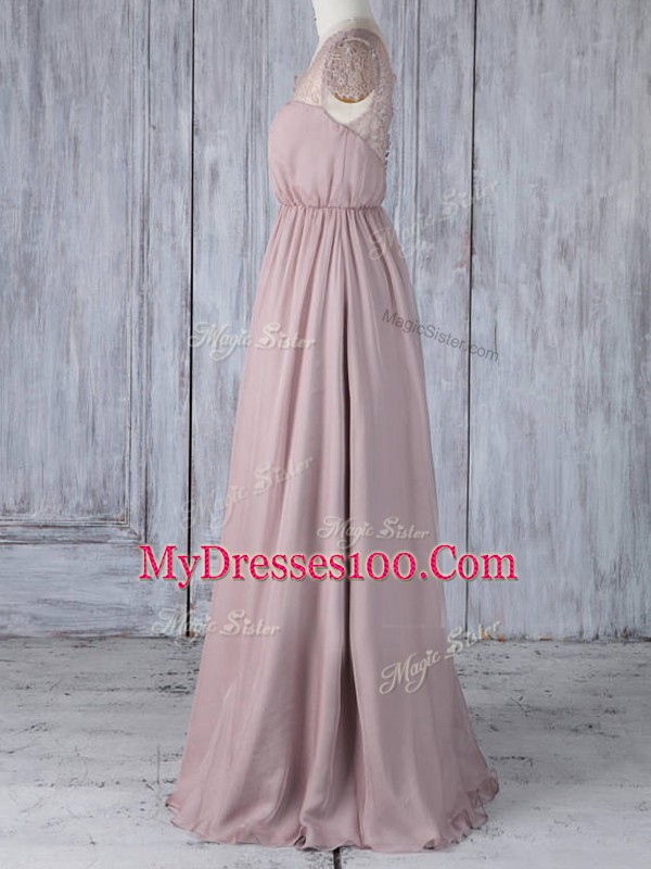 Custom Design Floor Length Pink Quinceanera Court of Honor Dress Chiffon Short Sleeves Lace